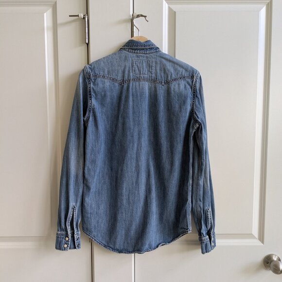 American Eagle Denim Shirt S Blue Chambray Pearl Snap Vintage Slim Fit West - Picture 2 of 10